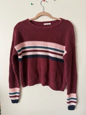 PacSun Maroon Crewneck Sweater with Pink, Navy & Teal Stripes